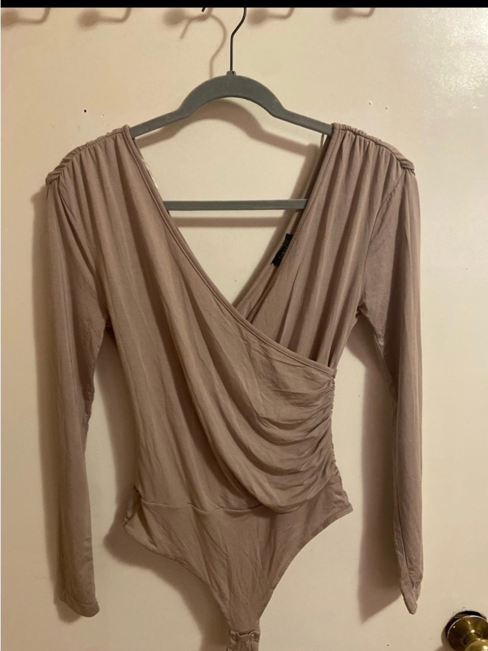 Women's Draped V-Neck Long Sleeve Bodysuit in Taupe
